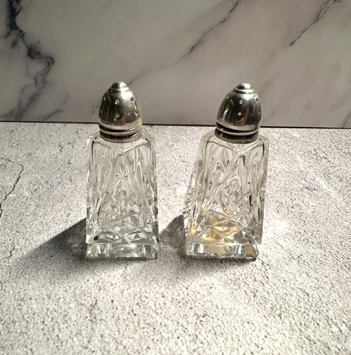 Sterling Silver Top Salt and Pepper Shakers Irice Crystal Glass
