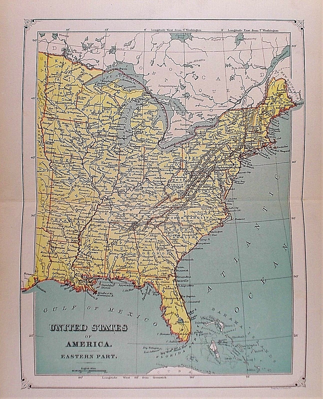 OLD ANTIQUE MAP UNITED STATES AMERICA EASTERN PART c1888 by STUART / APPLETON