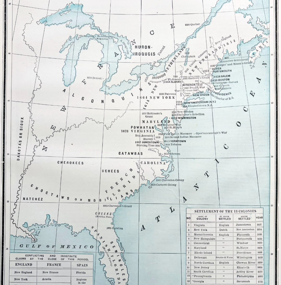 1895 Native American Tribes Map Early 13 Colony Settlements US History DWYY10C