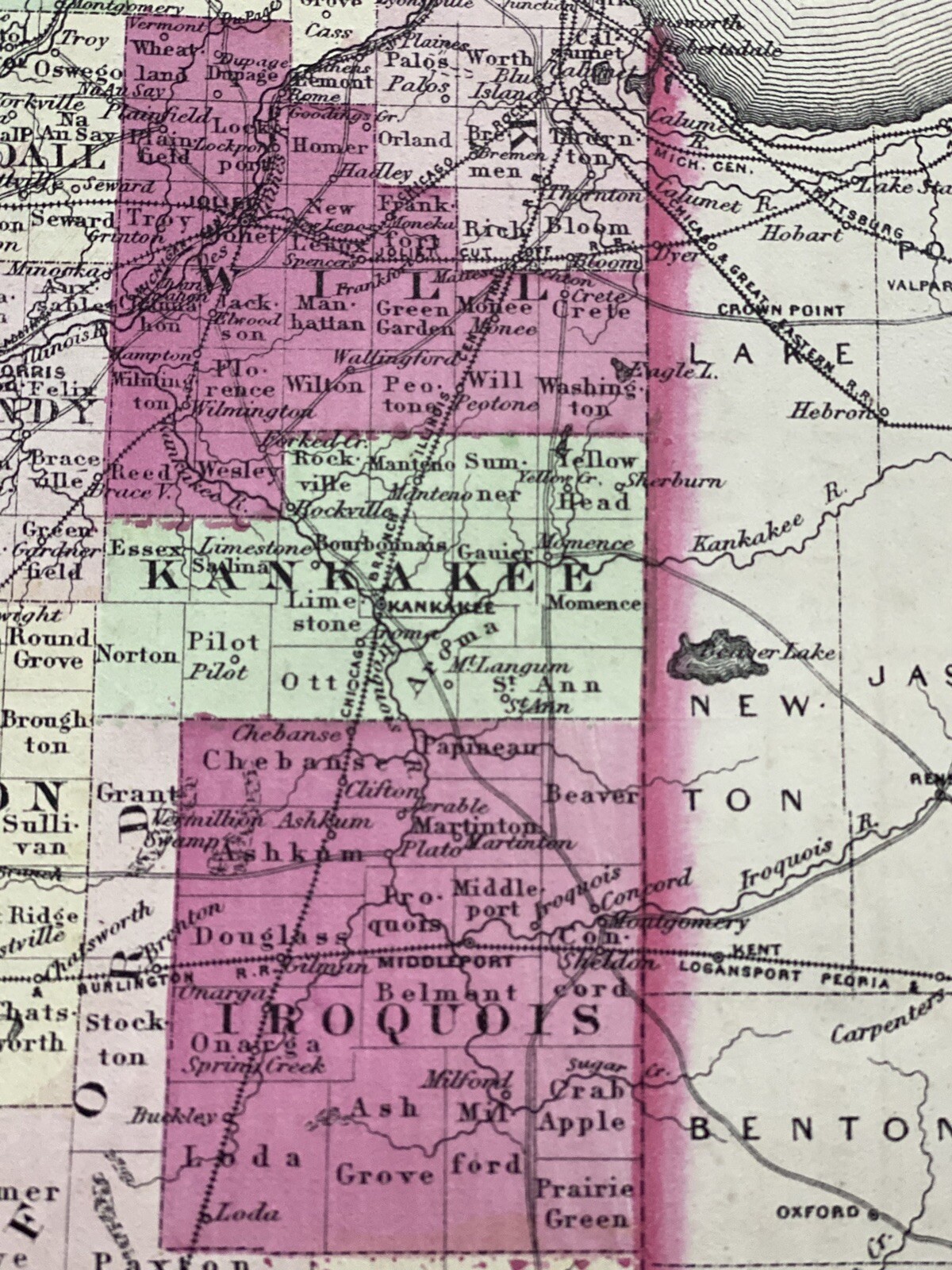 Rare 1867 ILLINOIS Map w/ Colored Counties ~ 24.25″ x 17.75″ ~ A.J. Johnson Map