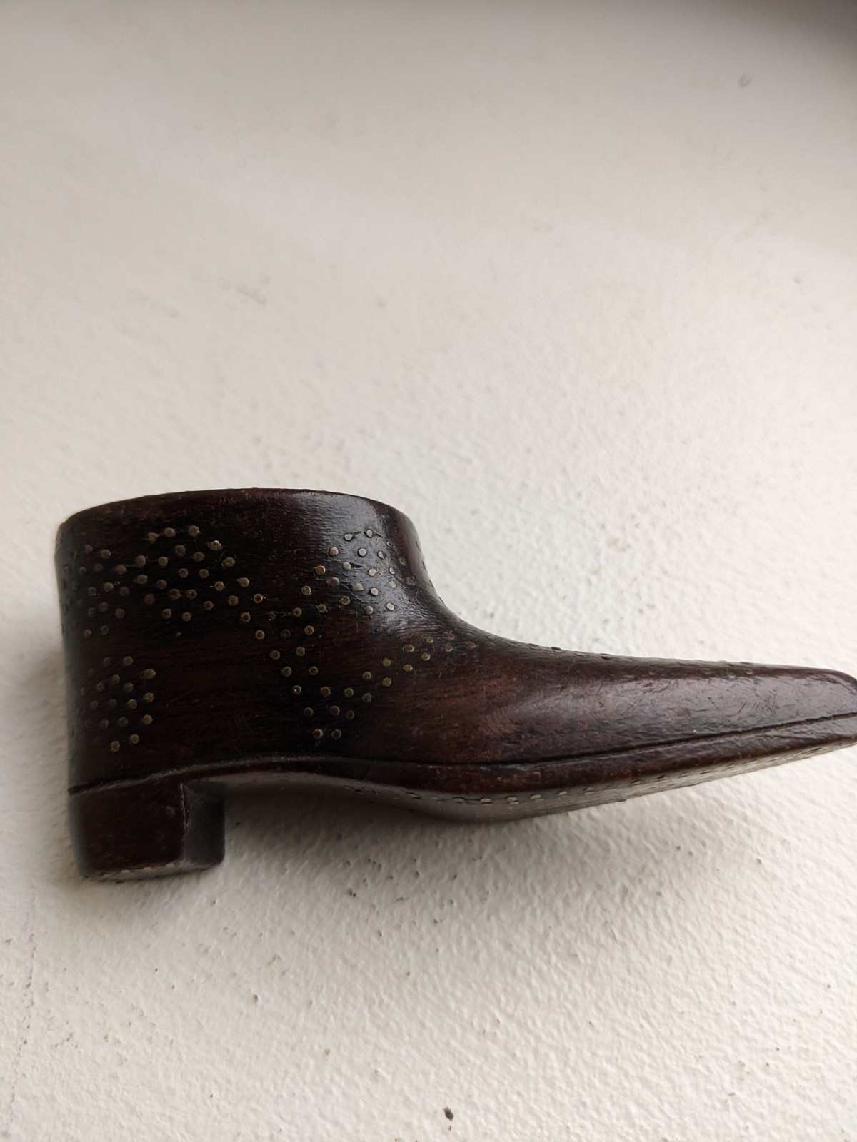 Antique Georgian Treen Snuff Shoe Brass Pique Decoration.