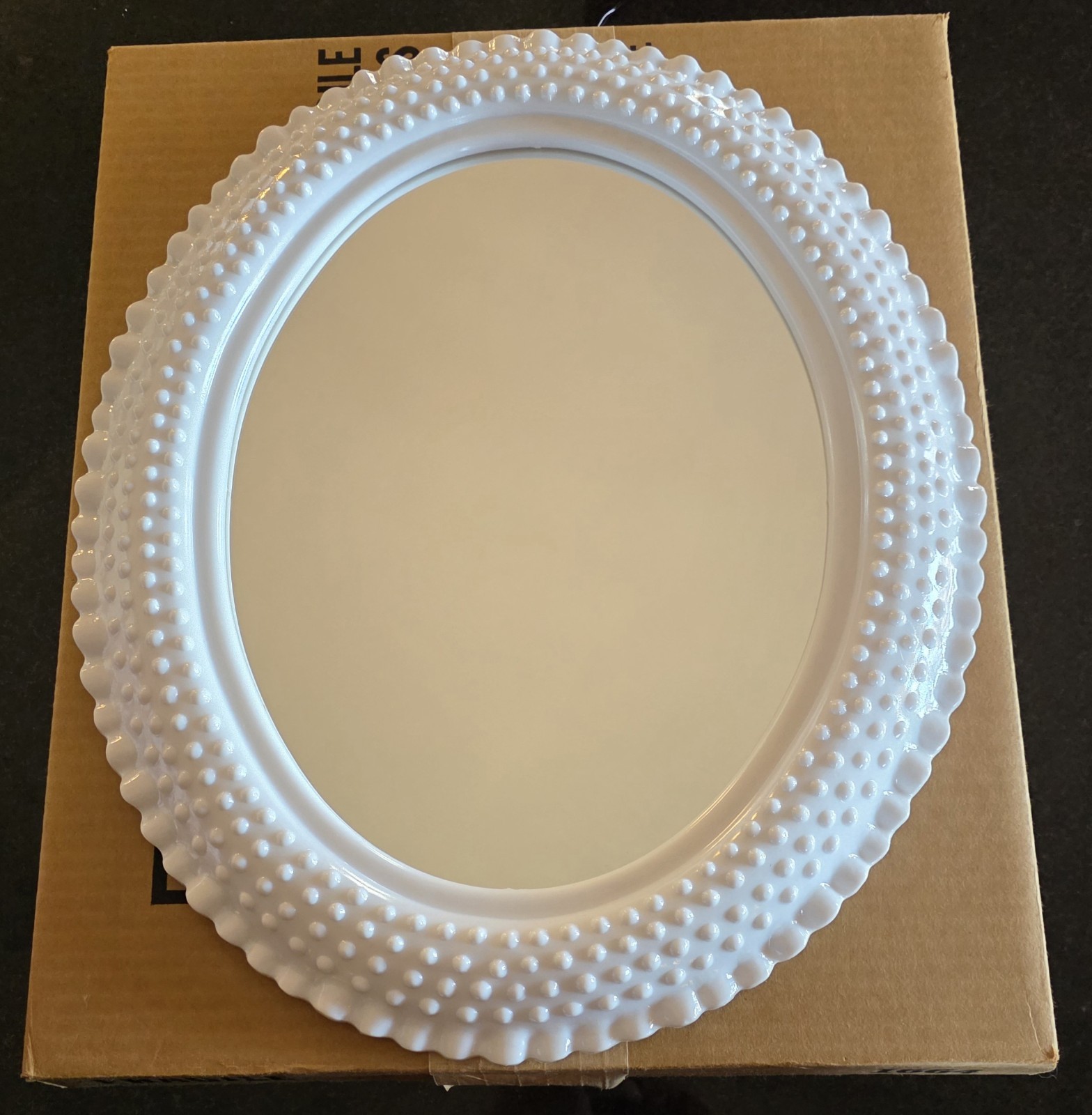 Vintage Burwood 1984 Faux Milk Glass Hobnail Oval Wall Mirror Ruffled Edge