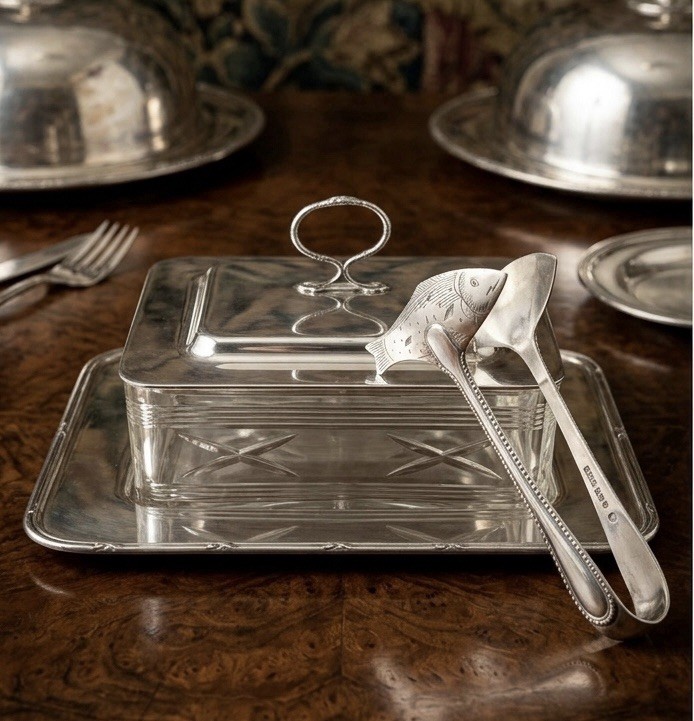 Walker & Hall Old Sheffield Silver Plate & Cut Crystal Sardine Box & Tongs; 1900