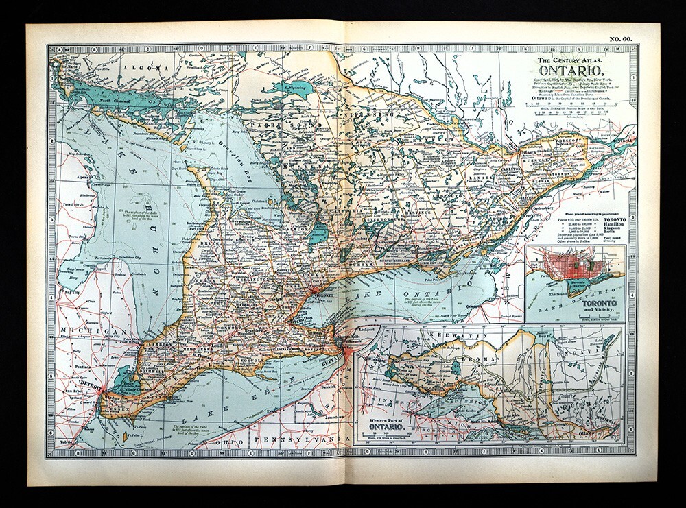 1897 Century Map Canada Ontario Toronto London Windsor Niagara Falls Ottawa ON