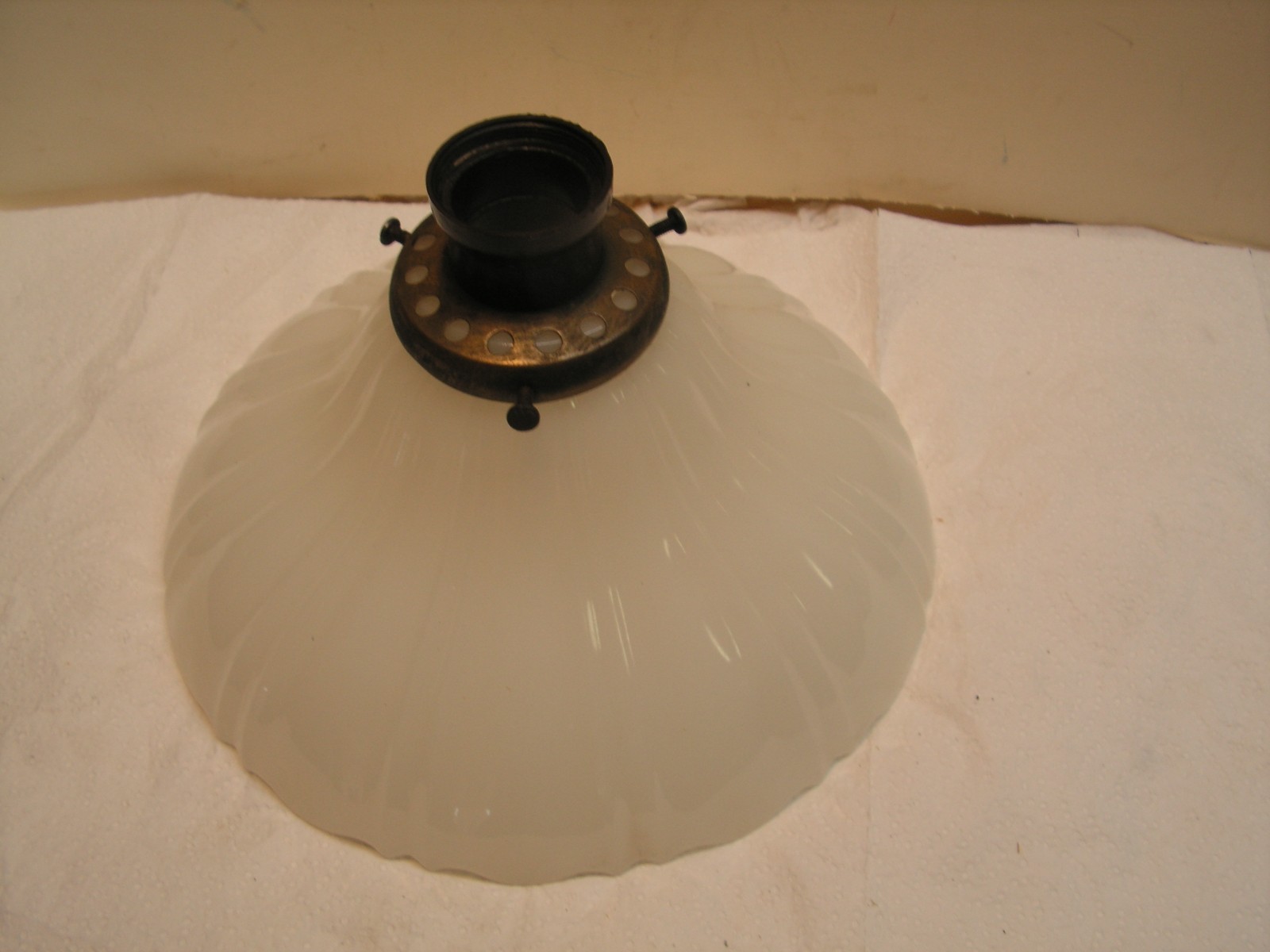 Antique 1920-40’s Milk Glass Light Cover Shade Ribbed Globe Ruffled Edge & Mount