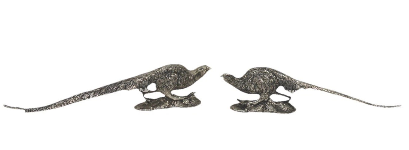 Pair Antique Victorian Silver Plated Bronze Pheasants Table Ornaments/Sculptures