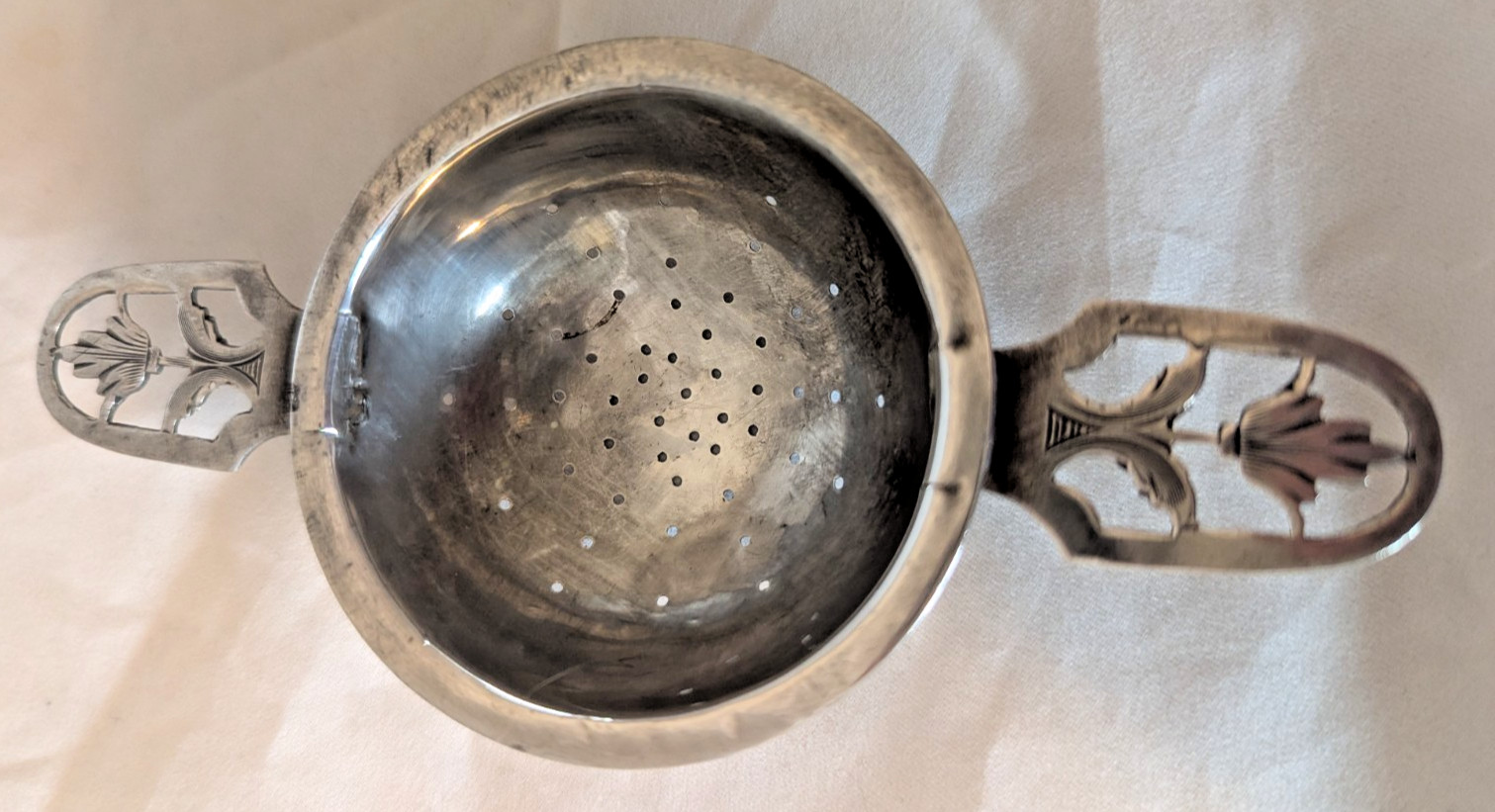 Sterling Silver Double Handle Tea Strainer with Cut Out Handles
