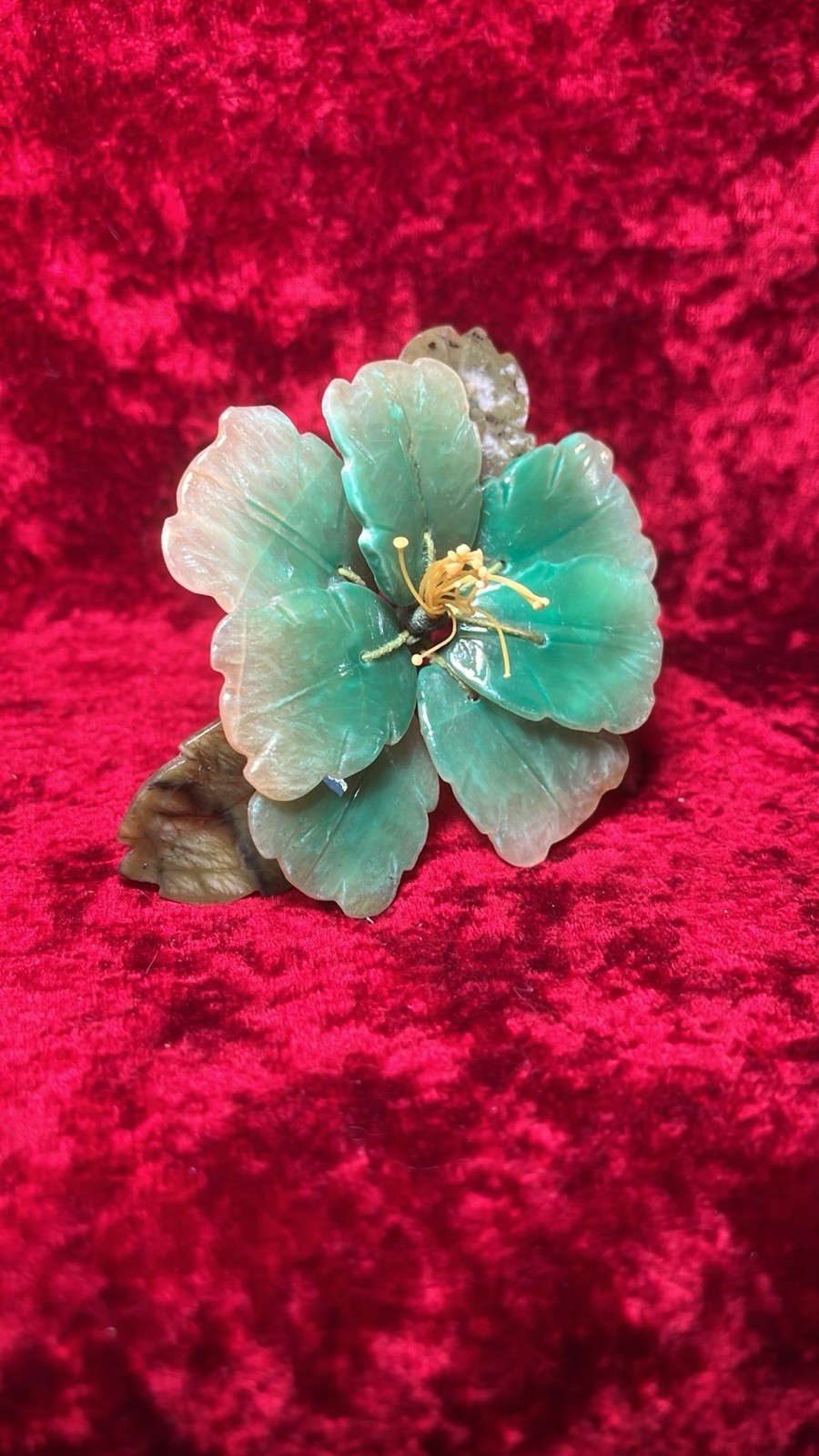 Vintage Jade Green Glass Flower Handmade Oriental Carved Ornament #553