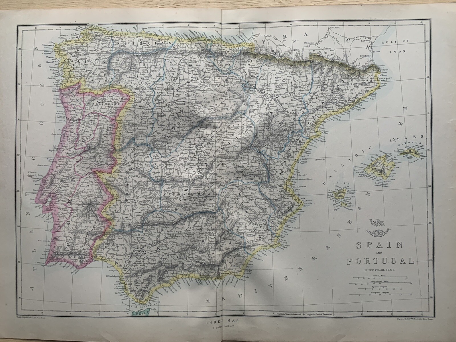 1861 Spain & Portugal Hand Coloured Antique Map from Weekly Dispatch
