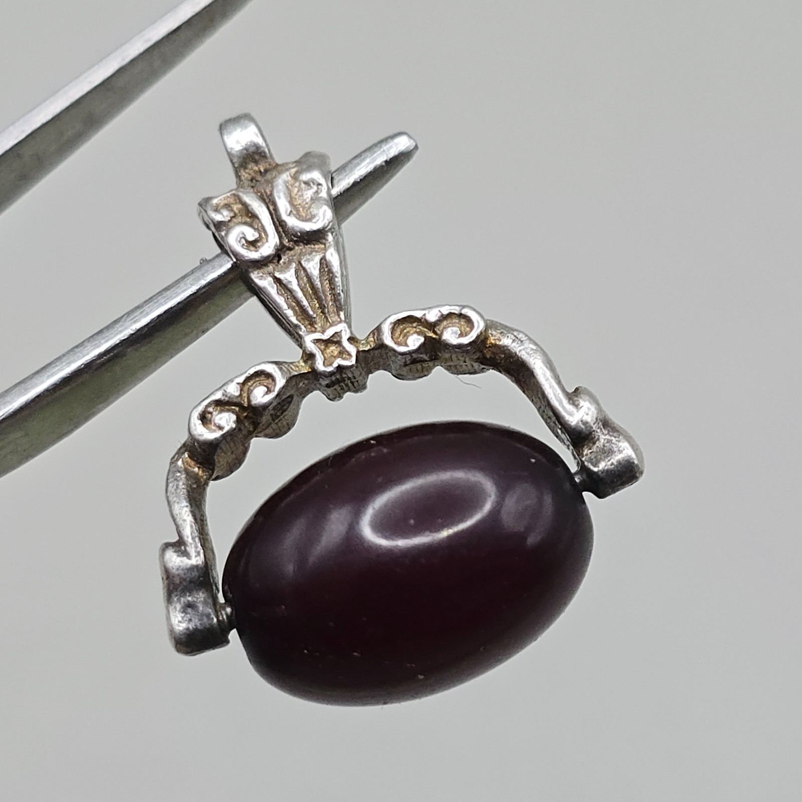 Antique Solid Silver & Cherry Bakelite Swivel Fob Pendant