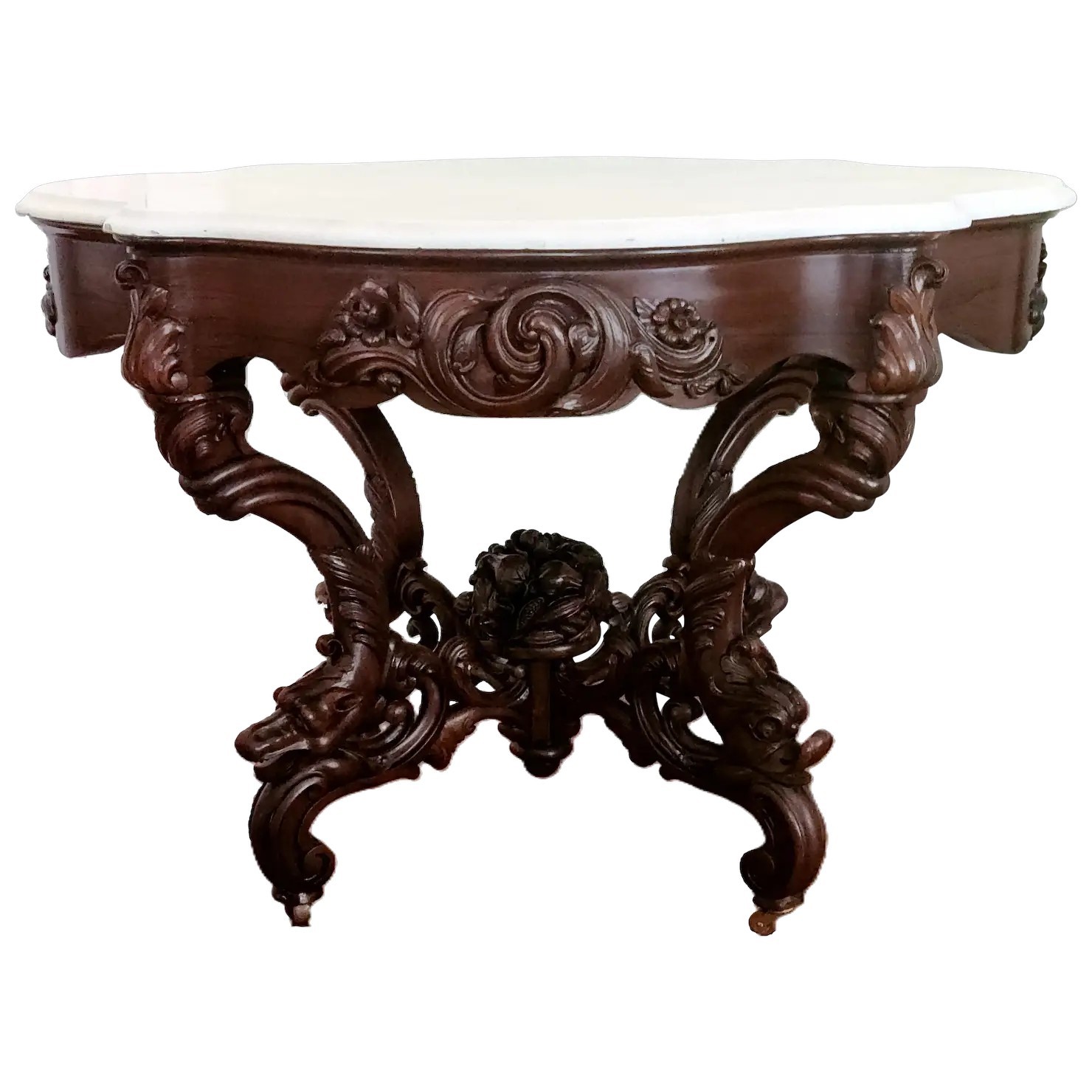 Center TABLE, John Henry Belter, NYC, Rosalie, 4-Animals, Rosewood, Marble, 42″L