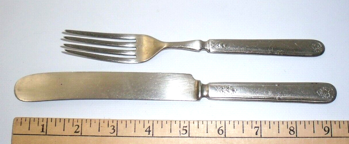 Antique Alaska Silver Flatware Dinner Knife & Fork Leaf Pattern Rare!