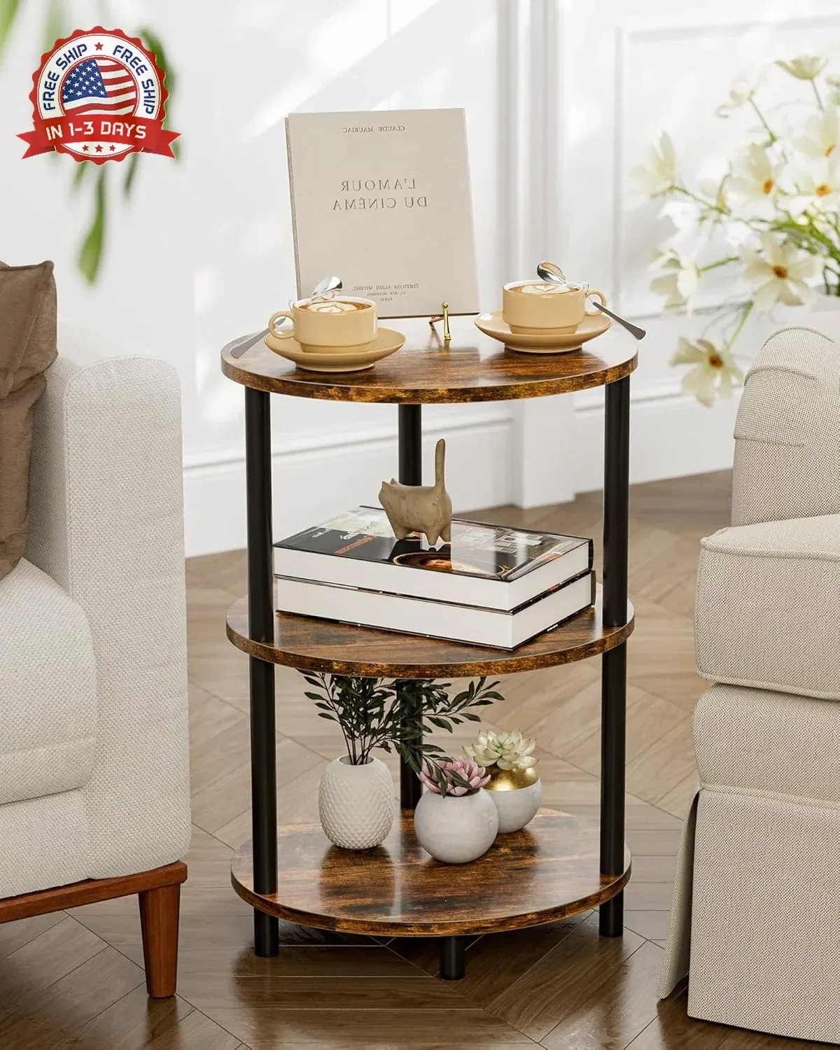 Round Small Side Table – 3 Tier Oval Accent Table for Small Spaces, Rustic Wood