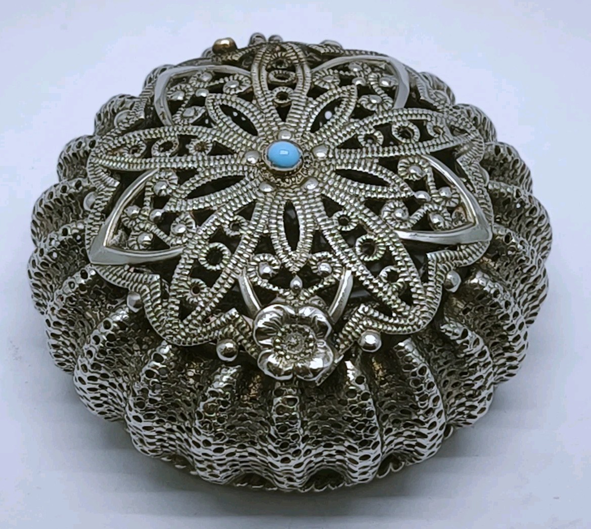Vtg 1960s Solid Silver Filigree Pill Box Pumpkin Turquoise Cabochon Stone 30g