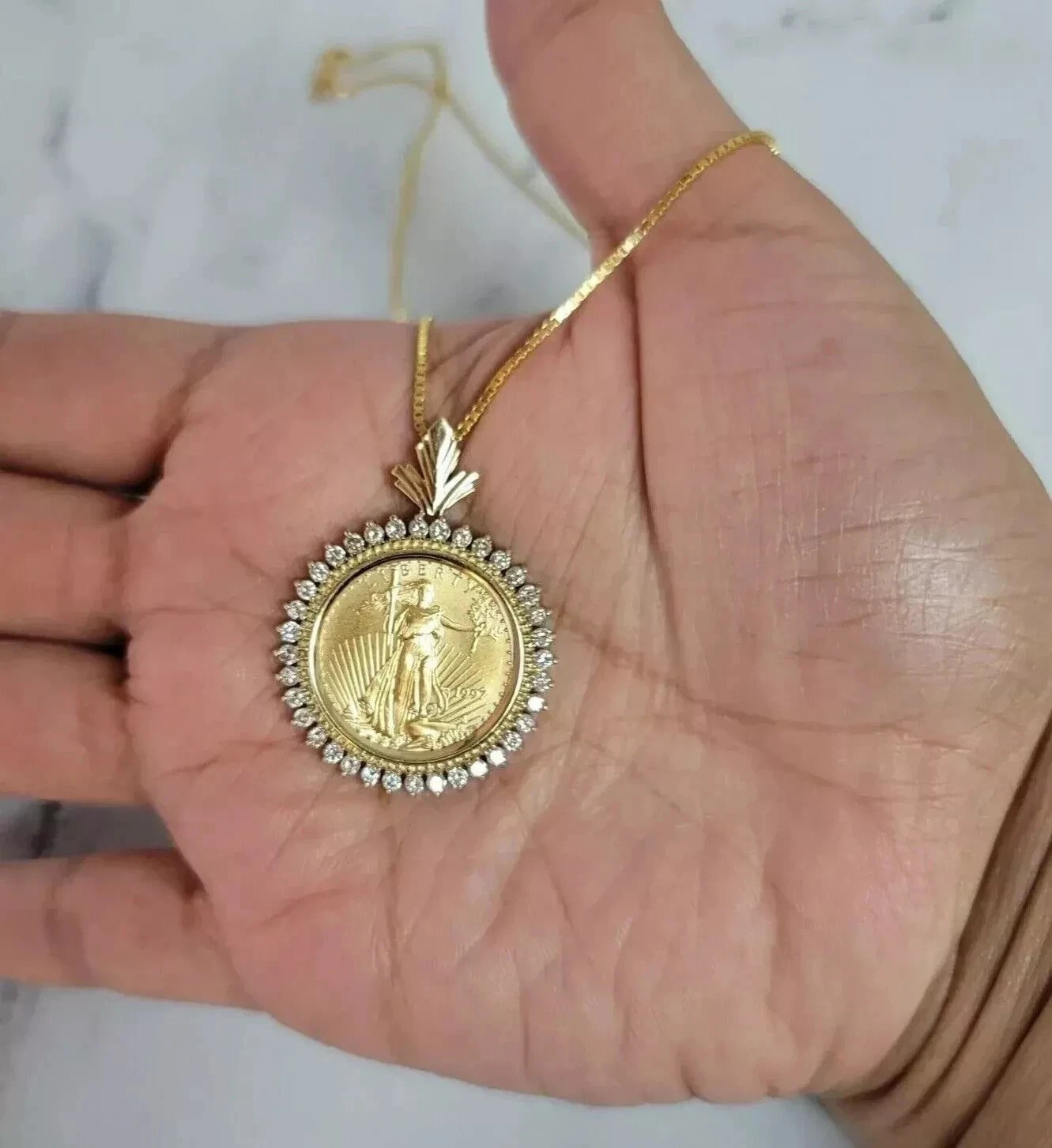 Lady Liberty Coin Pendant Round Real Moisanite Diamond 14K Yellow Gold Plated