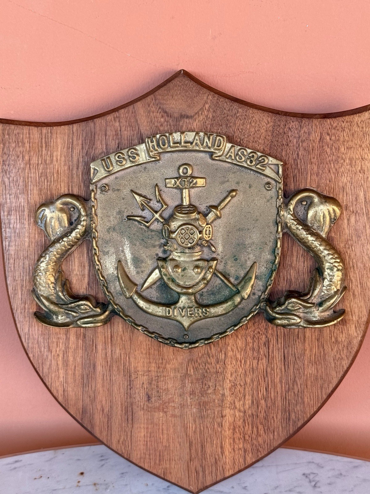 Vintage US Navy MK-V Diving Helmet Brass DIVERS USS HOLLAND AS-32 Plaque