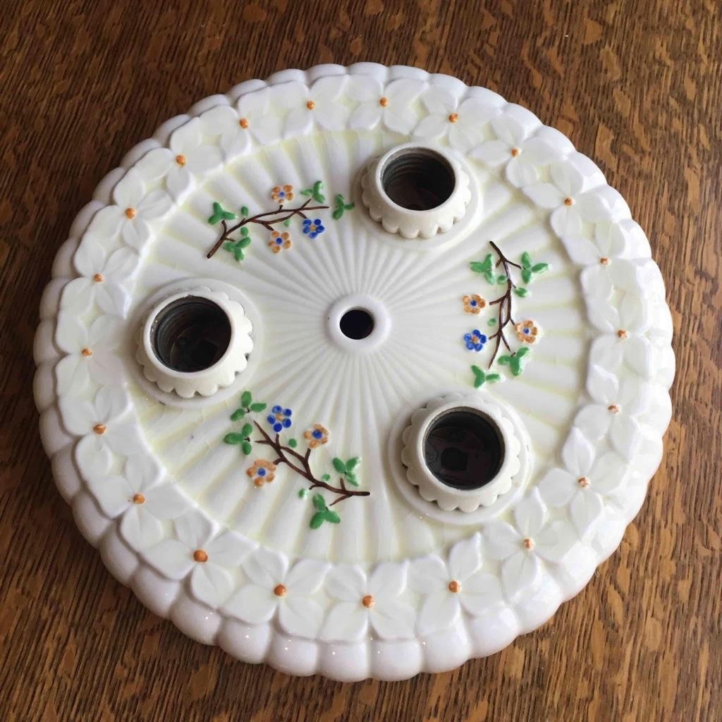 Antique Vintage 3 Bulb Porcelain Ceiling Mount Light Fixture Floral Accents Orig