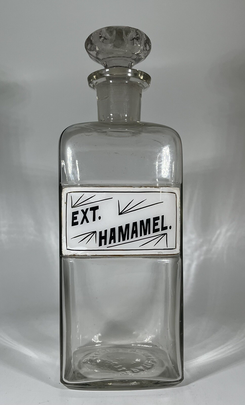 Vintage 10 1/4″ Glass Apothecary Jar, “EXT. HAMAMEL.,” 1889, Stopper