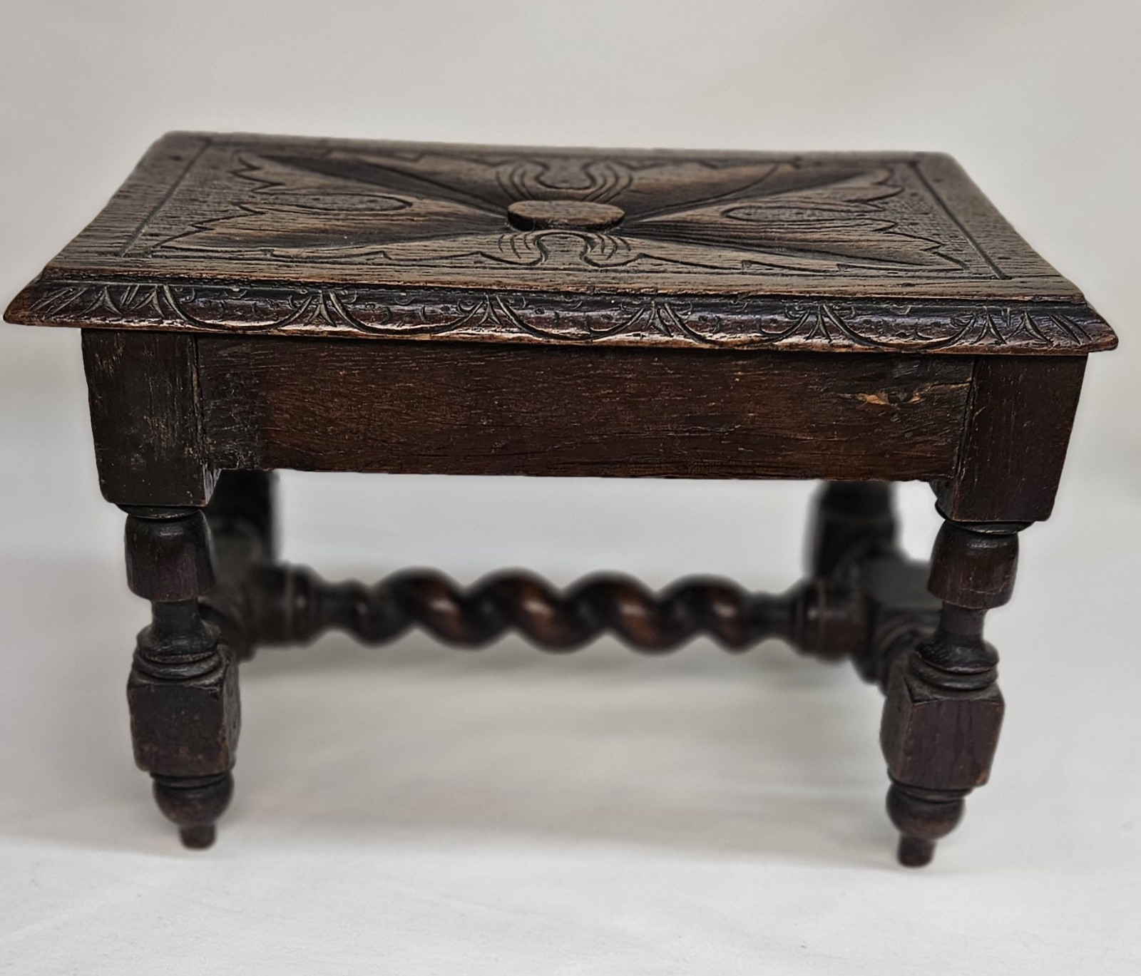 Antique Barley Twisted Oak Stool Carved English Victorian 19th Century Era