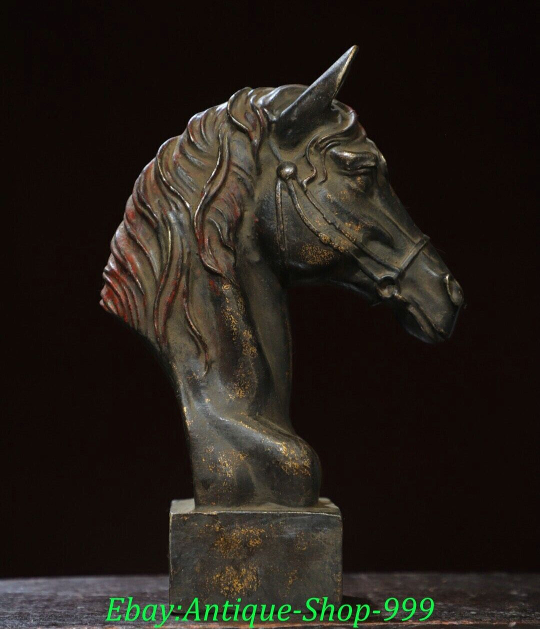 10″Marked China Dynasty Bronze Gild Zodiac Year Animal Horse Head Bust Sculpture