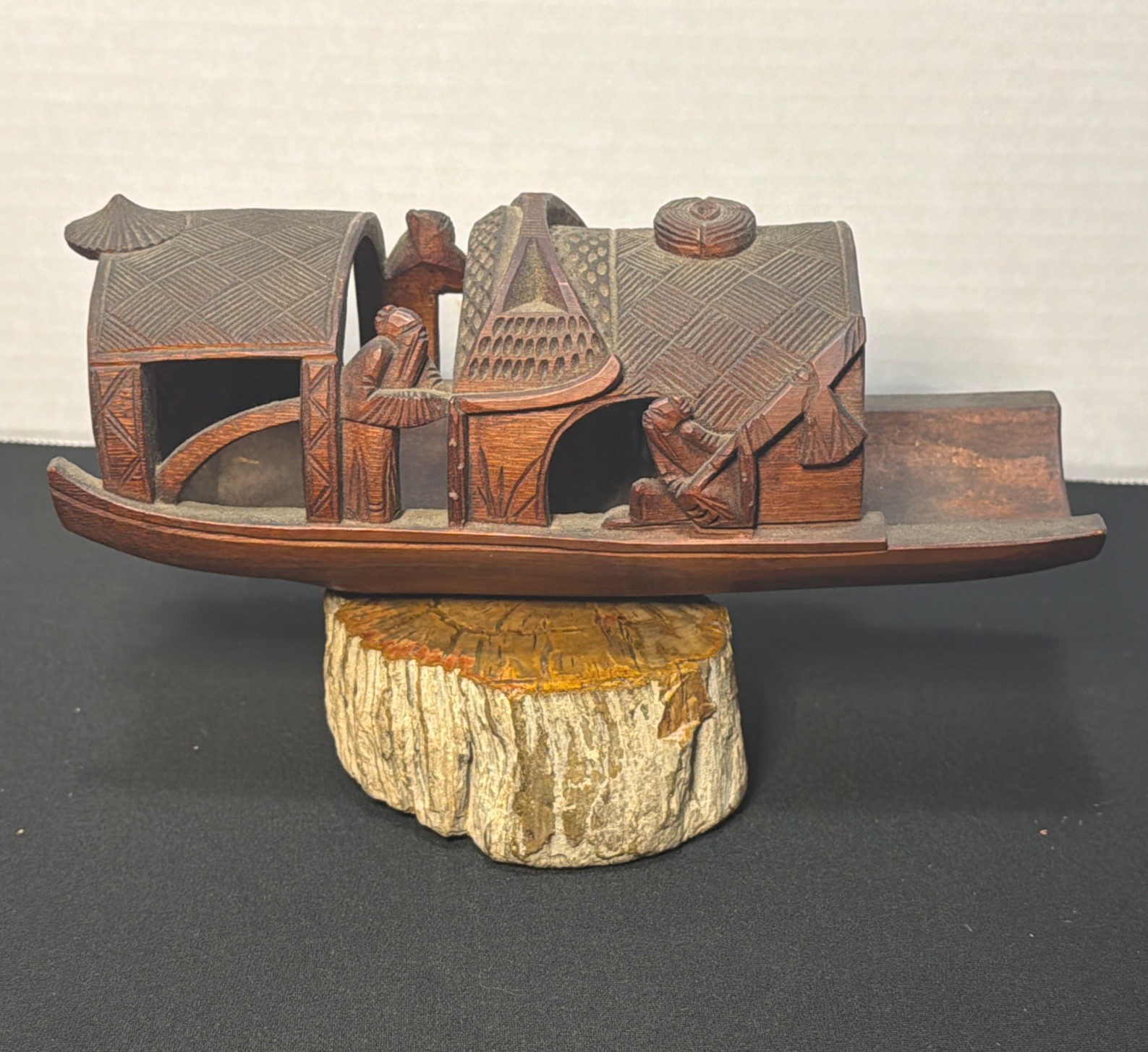 Antique Asian Carved Bamboo Brush Pot Detailed Carving of fishing Boat Junk Boat