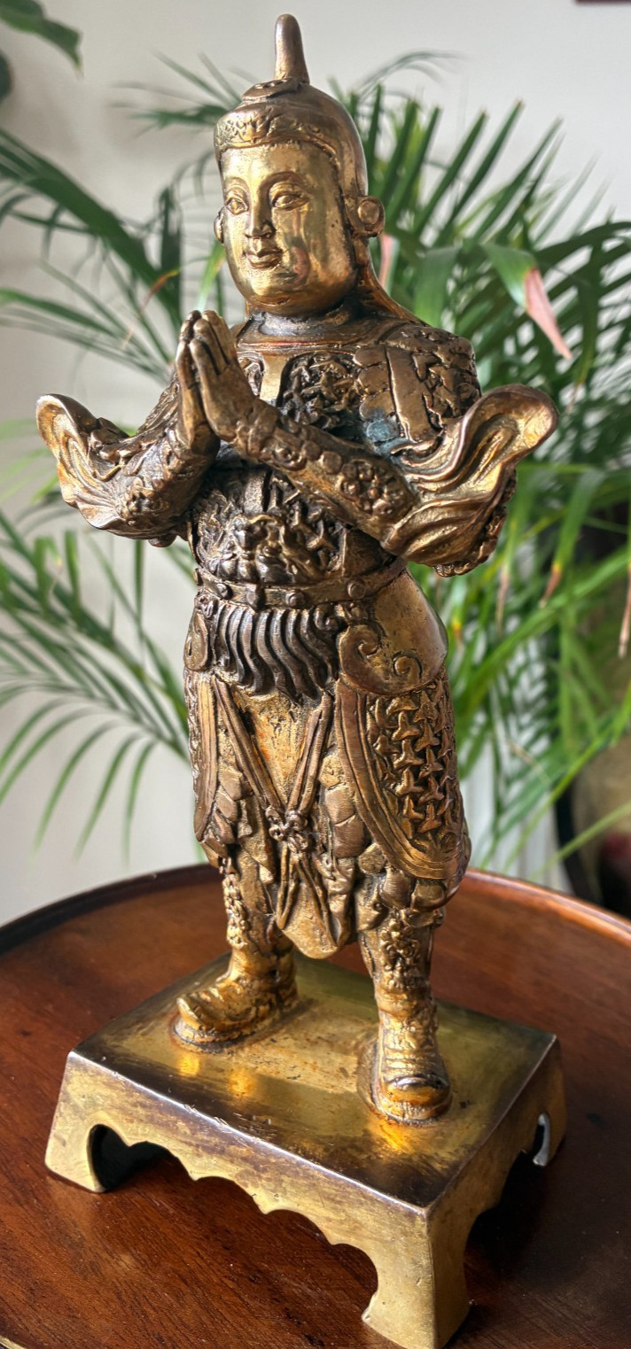 Antique Chinese gilt bronze figure of Buddhist Guardian Weituo Pusa, 23.5cm high