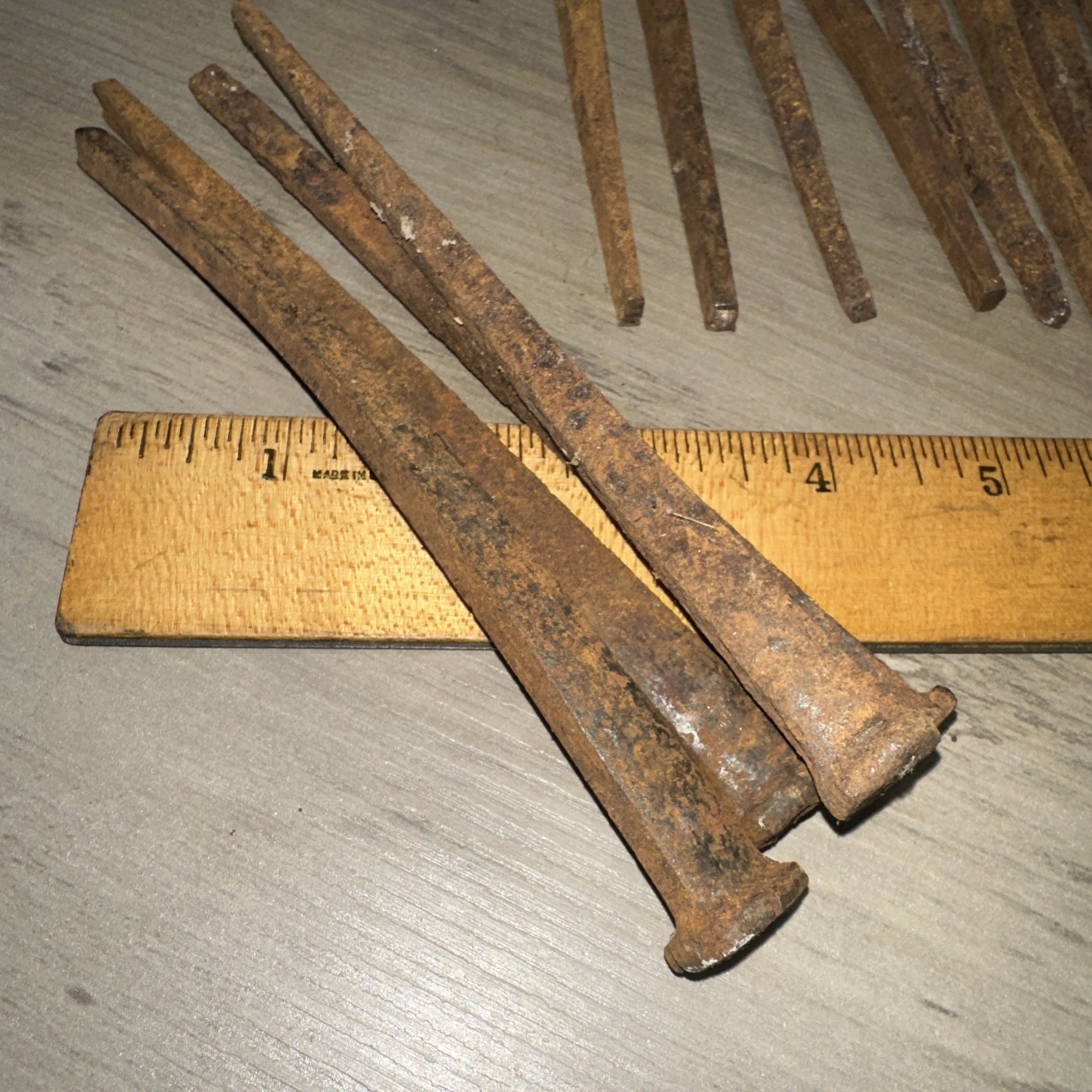 Lot of 13 Antique ~6″ long square cut nails Steel Iron Blacksmith Rustic