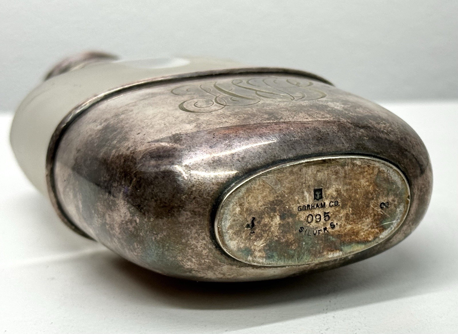 Gorham Co. “Silver S.” 1890 Silver Plate and Glass Flask Bottle Monogrammed