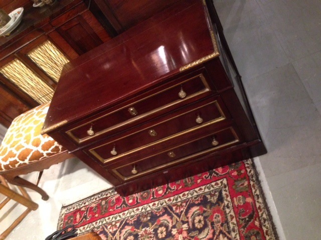 Antique French Solid Mahogany Small Chest of Drawers Brass Inlay 3 draws c1840