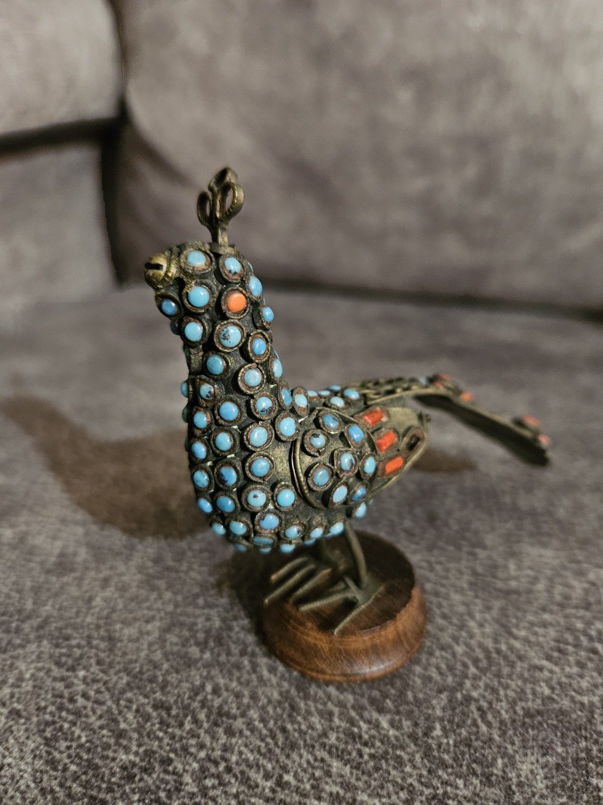 Antique Cloisonne Turquoise & Coral Stone Mosaic Peacock Asian Oriental