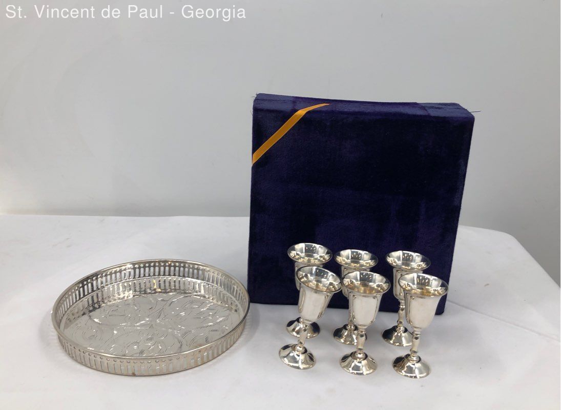 Vintage EPNS India Brandy/Sherry Silver Plated Set Of 6 Cups & Tray In Box Great