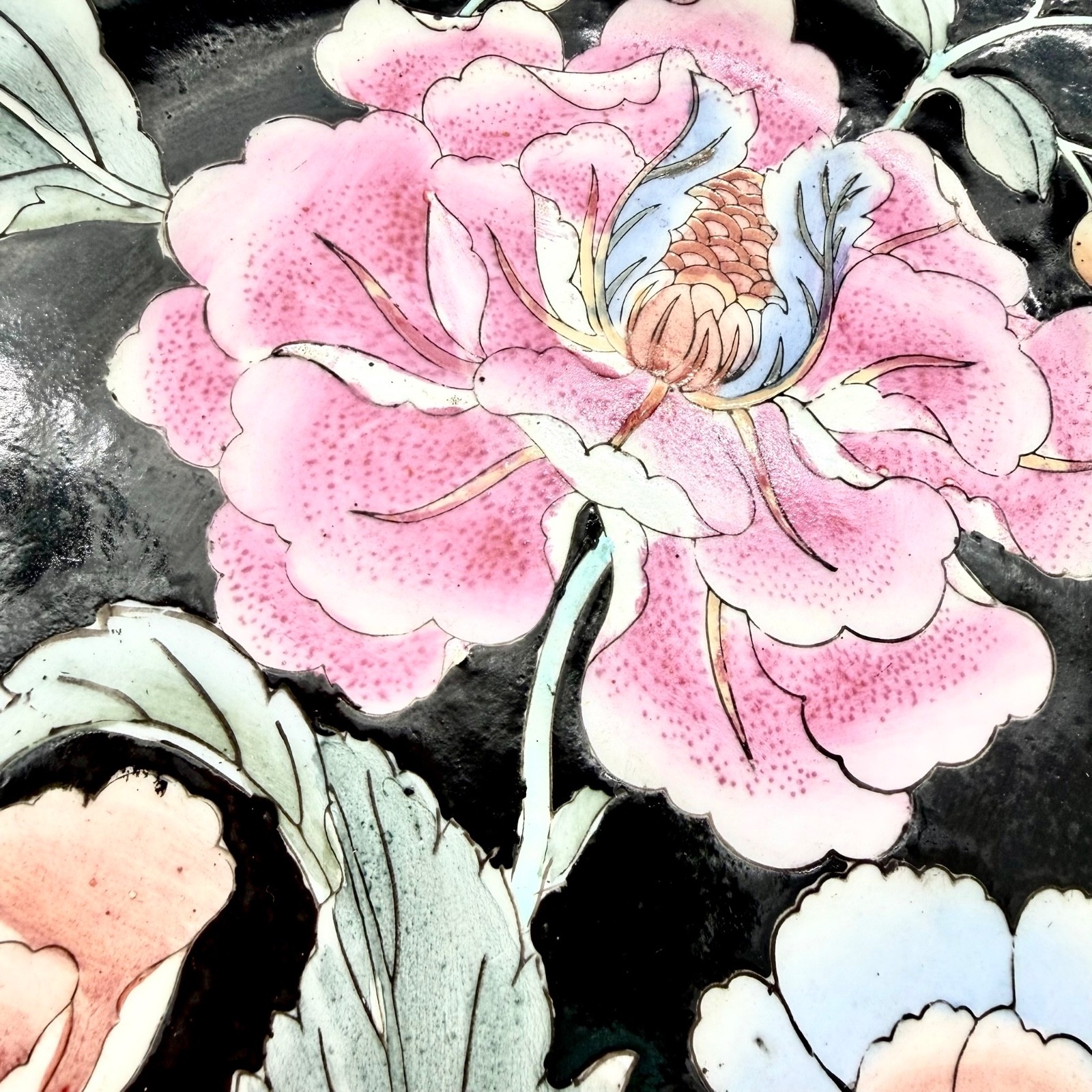 Vintage HFP Macau Enamel Porcelain Plate Famille Noire Peony Floral Wildwood 9″