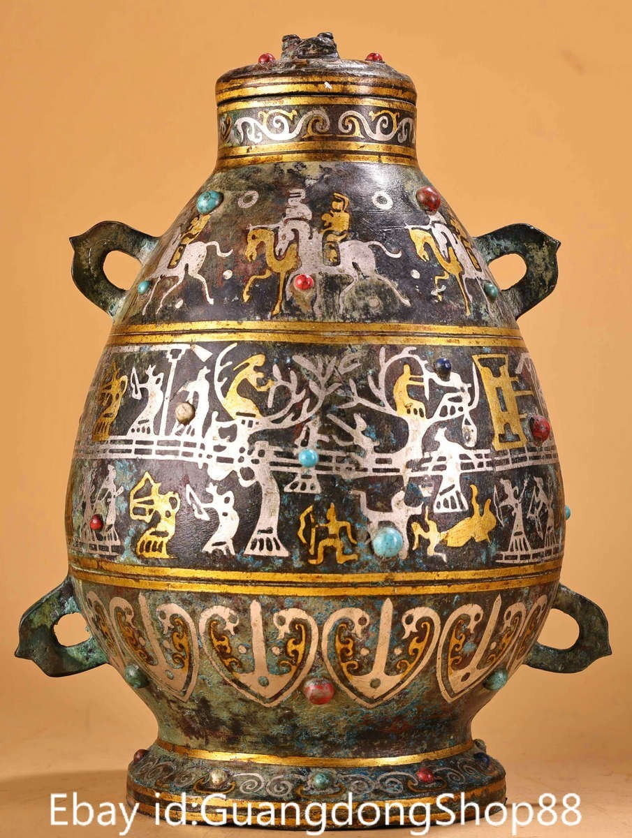 8.8″ Old Chinese Bronze Ware Silver Gilt Gems People 4 Ear Tank Jug Jar