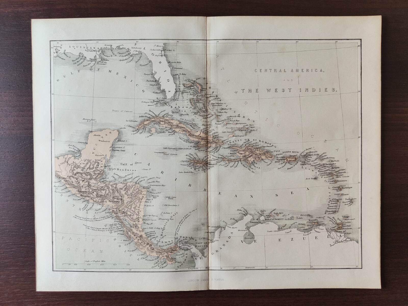 ANTIQUE ORIGINAL COLOUR OVERVIEW MAP-CENTRAL AMERICA & THE WEST INDIES-1870CA