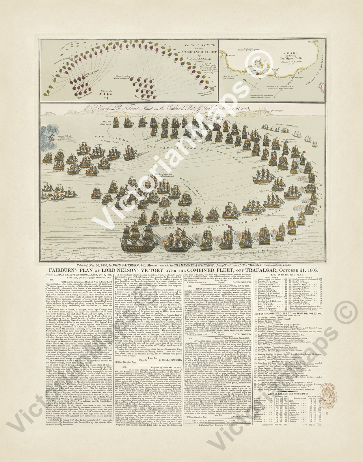 map broadside print Fairburn’s plan of Trafalgar Battle, Nelson 1805 art poster
