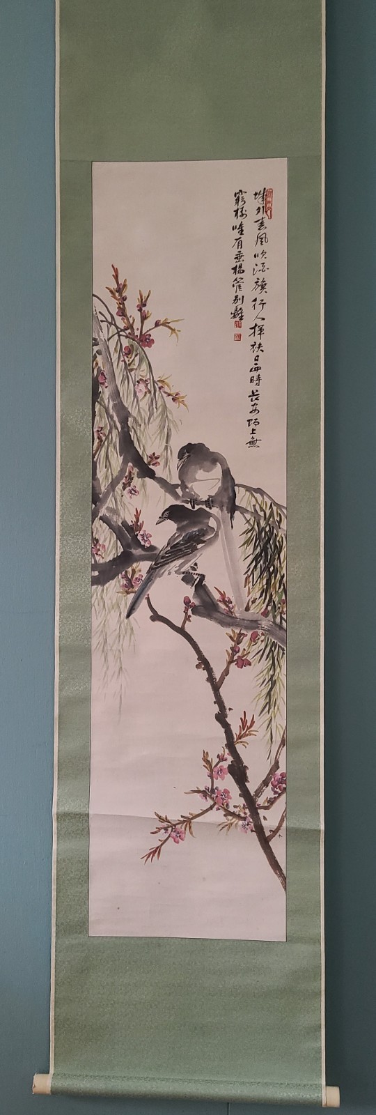 ZIXIANG/MANDALA FLOWER LADY/1930-60/ BIRDS ON WILLOW BLOSSOM/W:12.5″H:49″