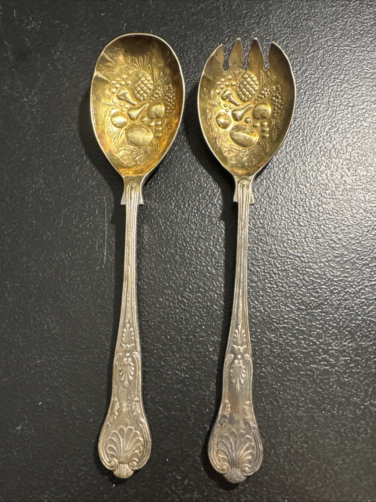 A1 EPNS Sheffield King’s Pattern Serving Spoon & Spork Berry/Fruit, Gold Washed