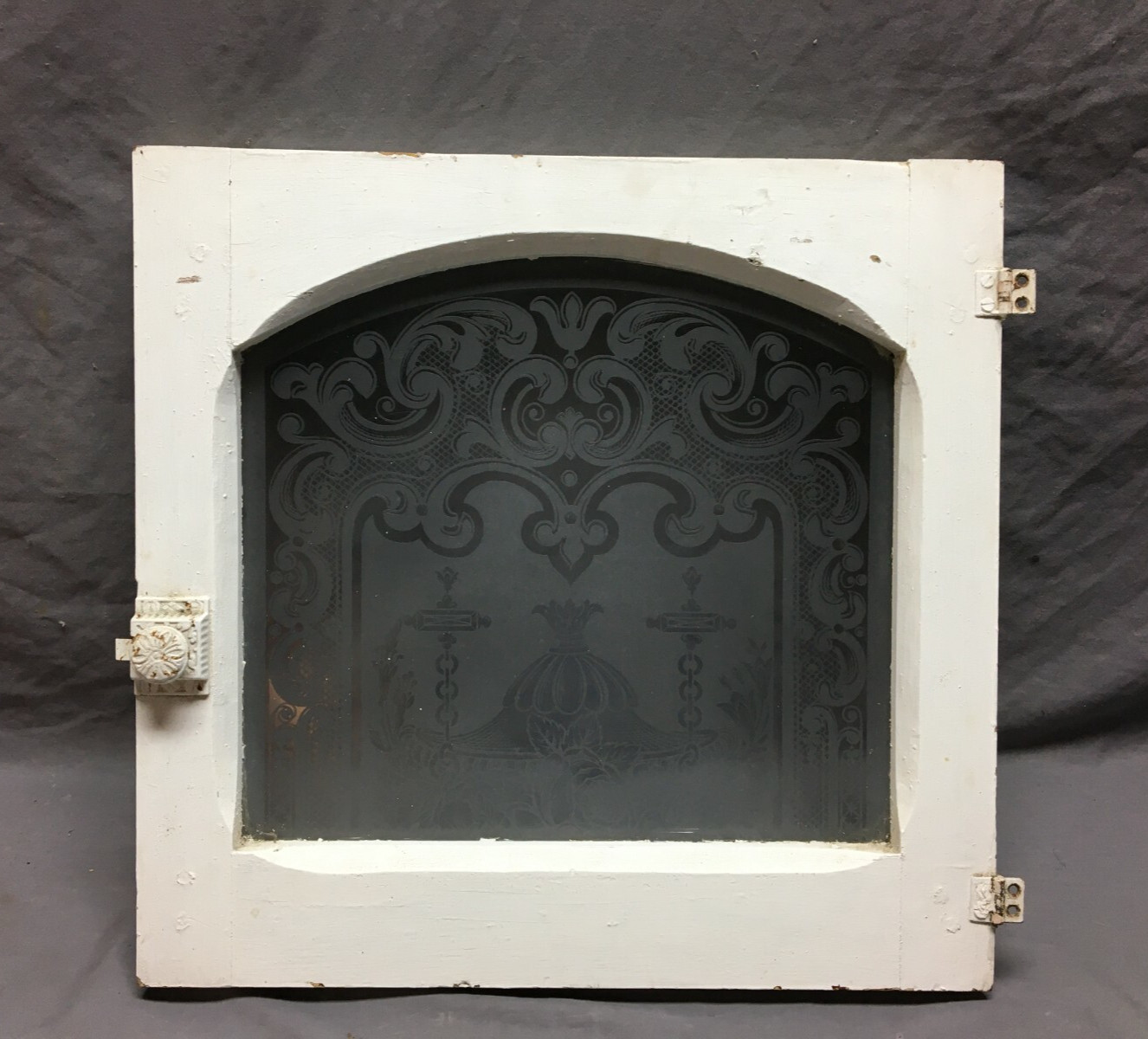 Antique Frosted Arched Glass Shabby Cabinet Door Vintage 19×19 Chic Old 682-25B