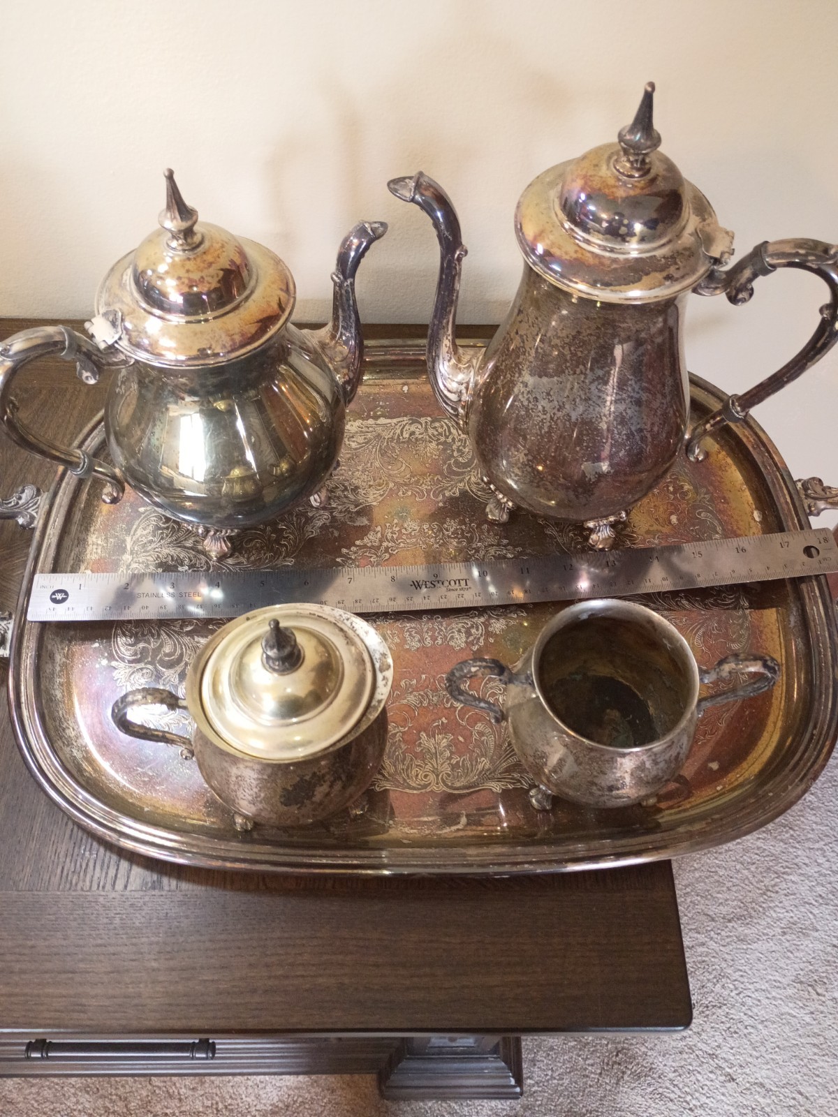 Vintage SHERIDAN SILVER PLATED COFFEE & TEA SET W/TRAY, complete set