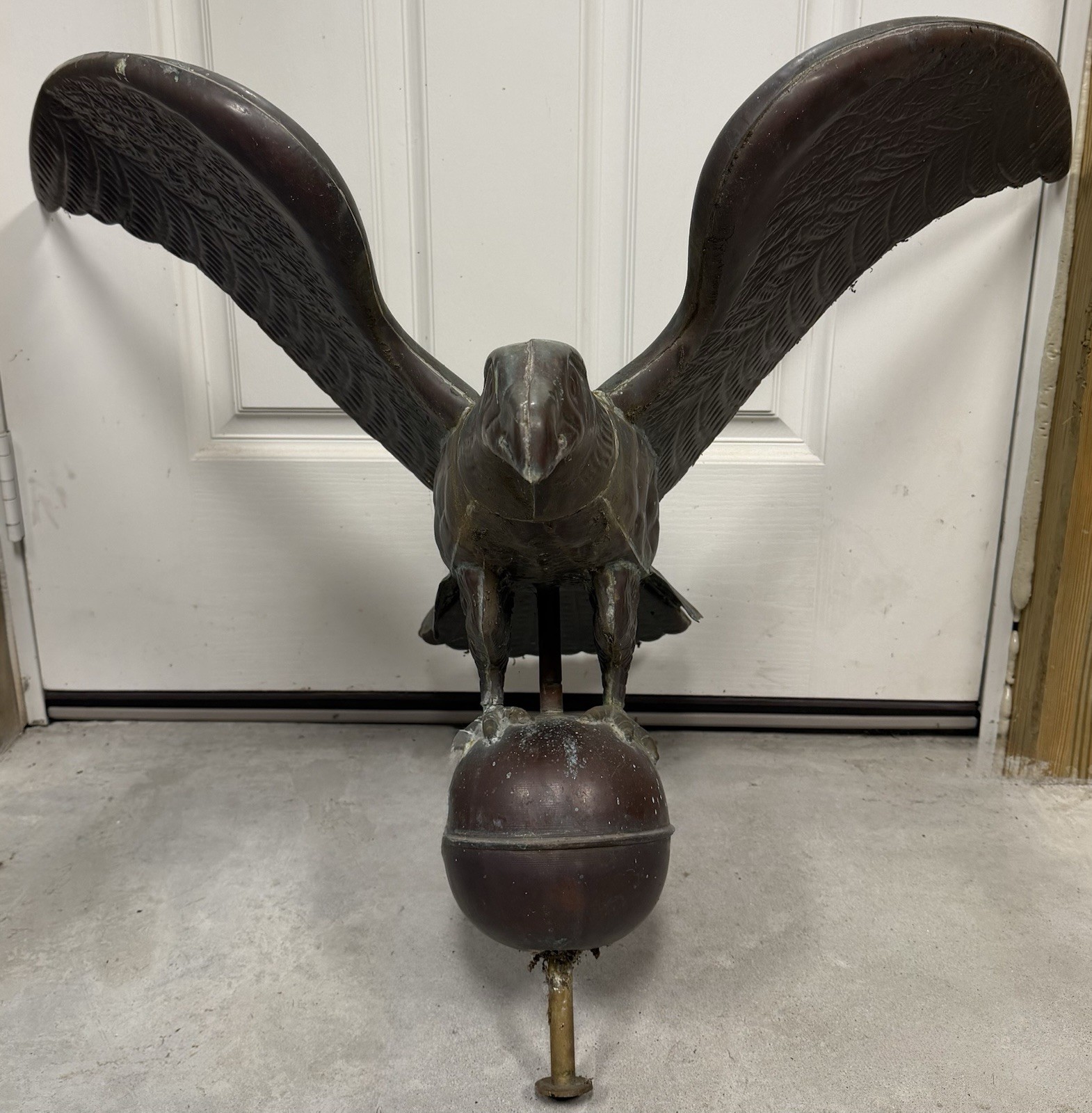 Antique Copper Full Body Eagle Weathervane Ball Finial Possibly J.W. Fiske 34.5″