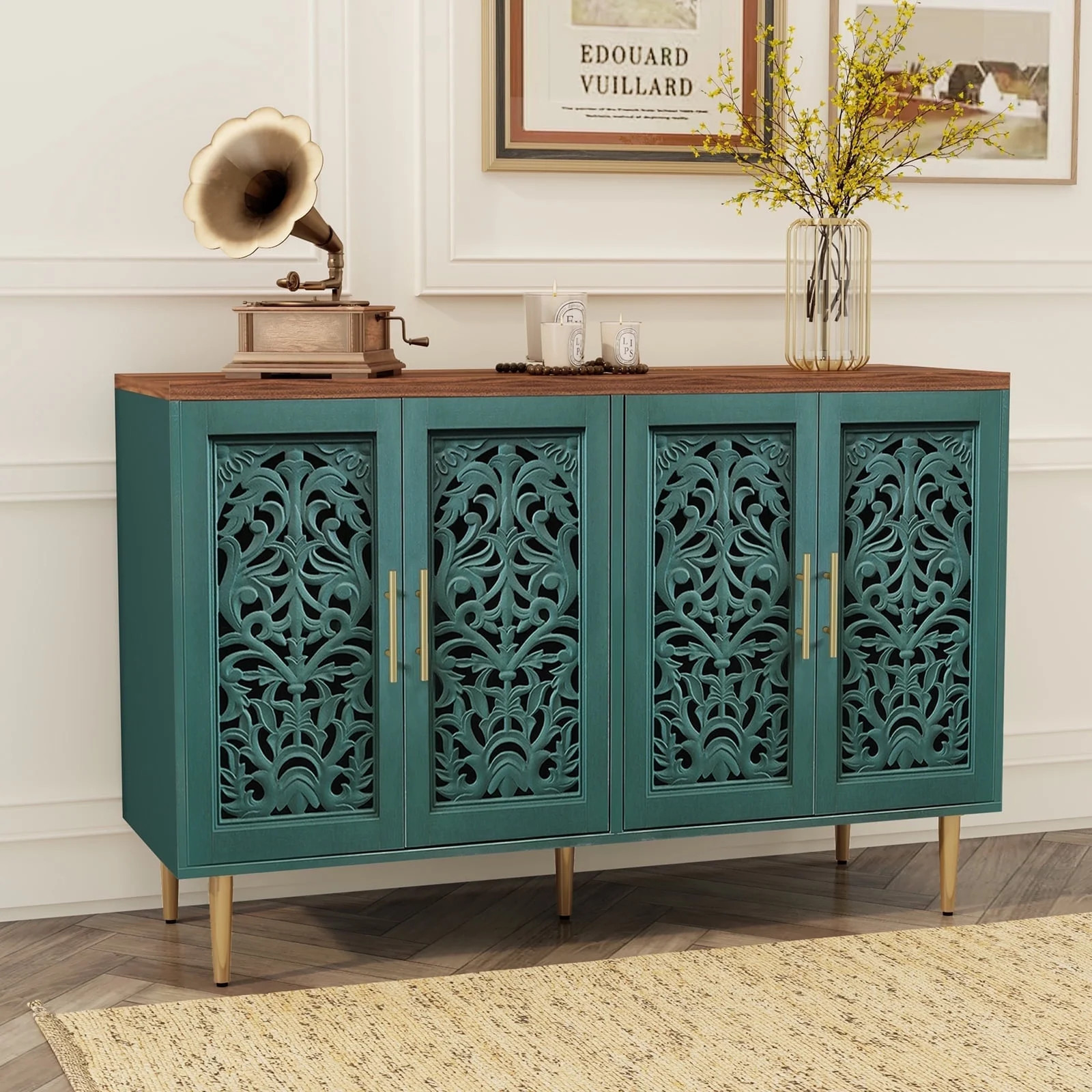 Hollow Carved 4-Door Cabinet | Vintage Bar & Storage Credenza
