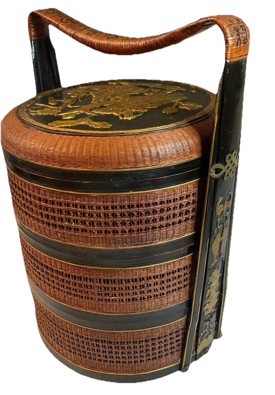 ANTIQUE Chinese Wedding Basket 3 Tiered Dowry Rattan Bamboo Lacquer Gilt – 15” H