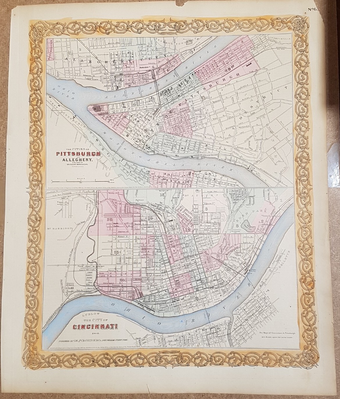 handcolured steel engraving Map of CINCINNATI AND PITTSBURG BY COLTON 1855