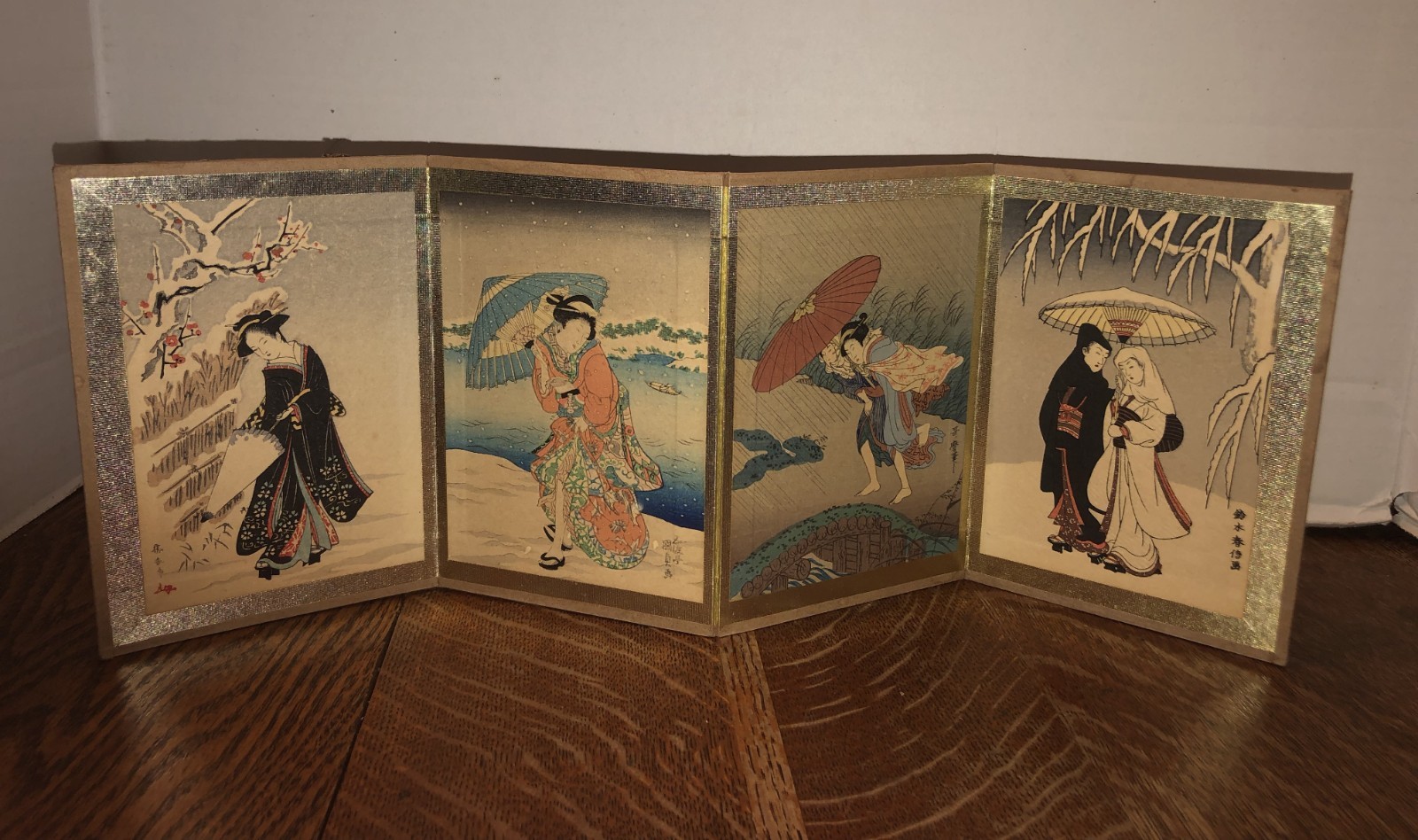 4 Vintage Japanese Woodblock Harunobu Suzuki Prints-Fold Together HTF!