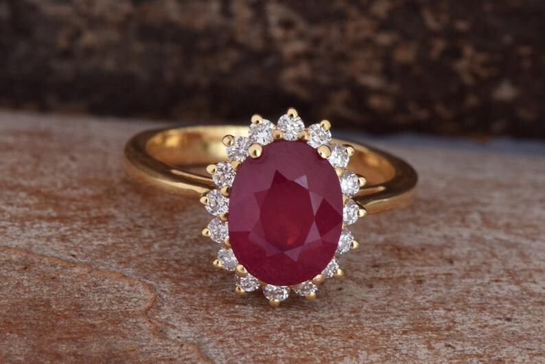 5.50 Ct Oval Natural Ruby Diamond Engagement Ring 14K Yellow Gold Size 7
