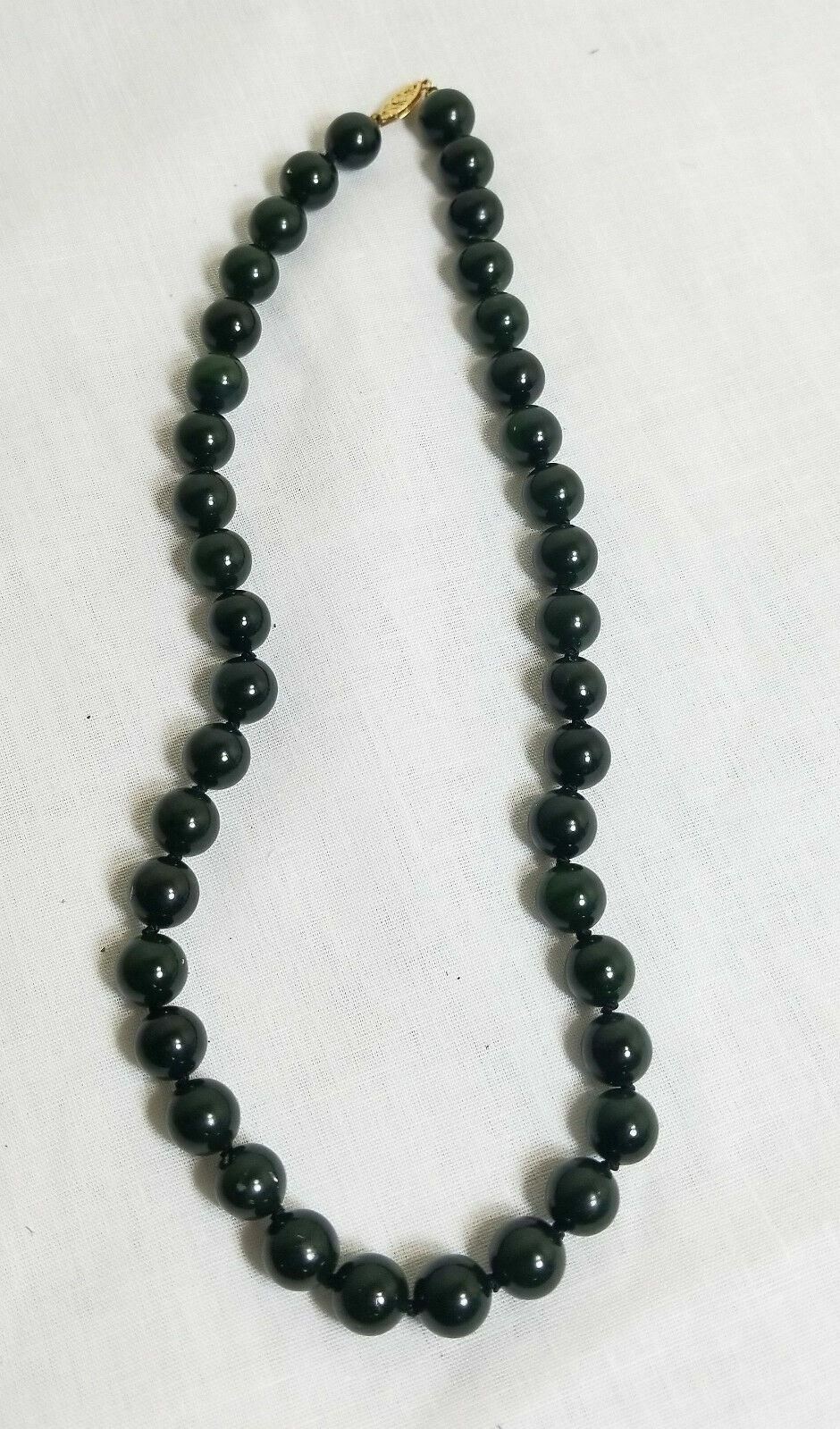 Antique Chinese Carved Nephrite Spinach Dark Green Jade Necklace 14kt Gold
