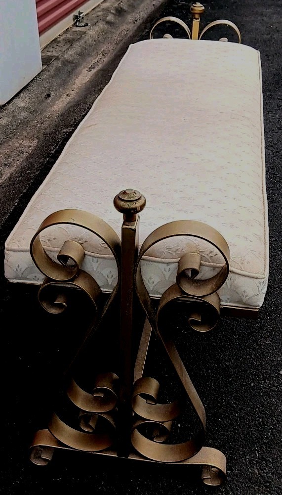 MCM HOLLYWOOD REGENCY BENCH ORNATE IRON ENDS FISHSCALE UPHOLSTREY 52″LONG x 15″D