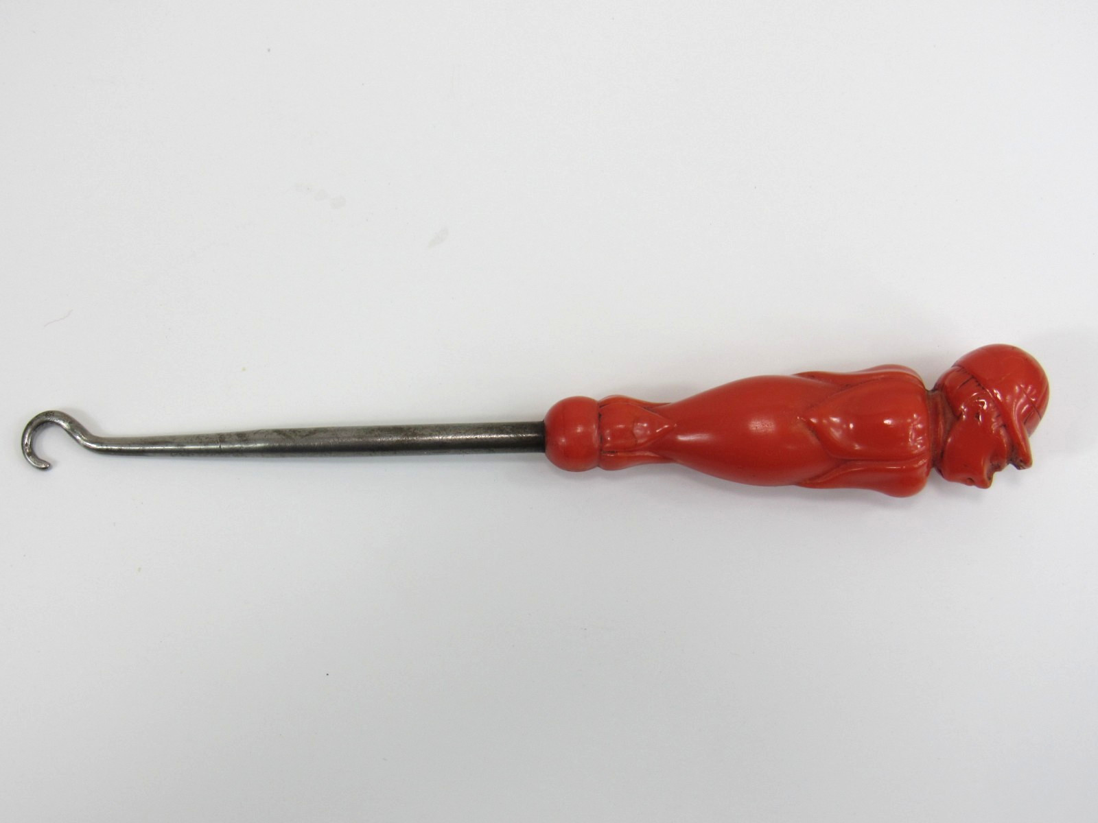 Antique 1920s Button Hook w/ Orange Red Bakelite JOCKEY Handle 1
