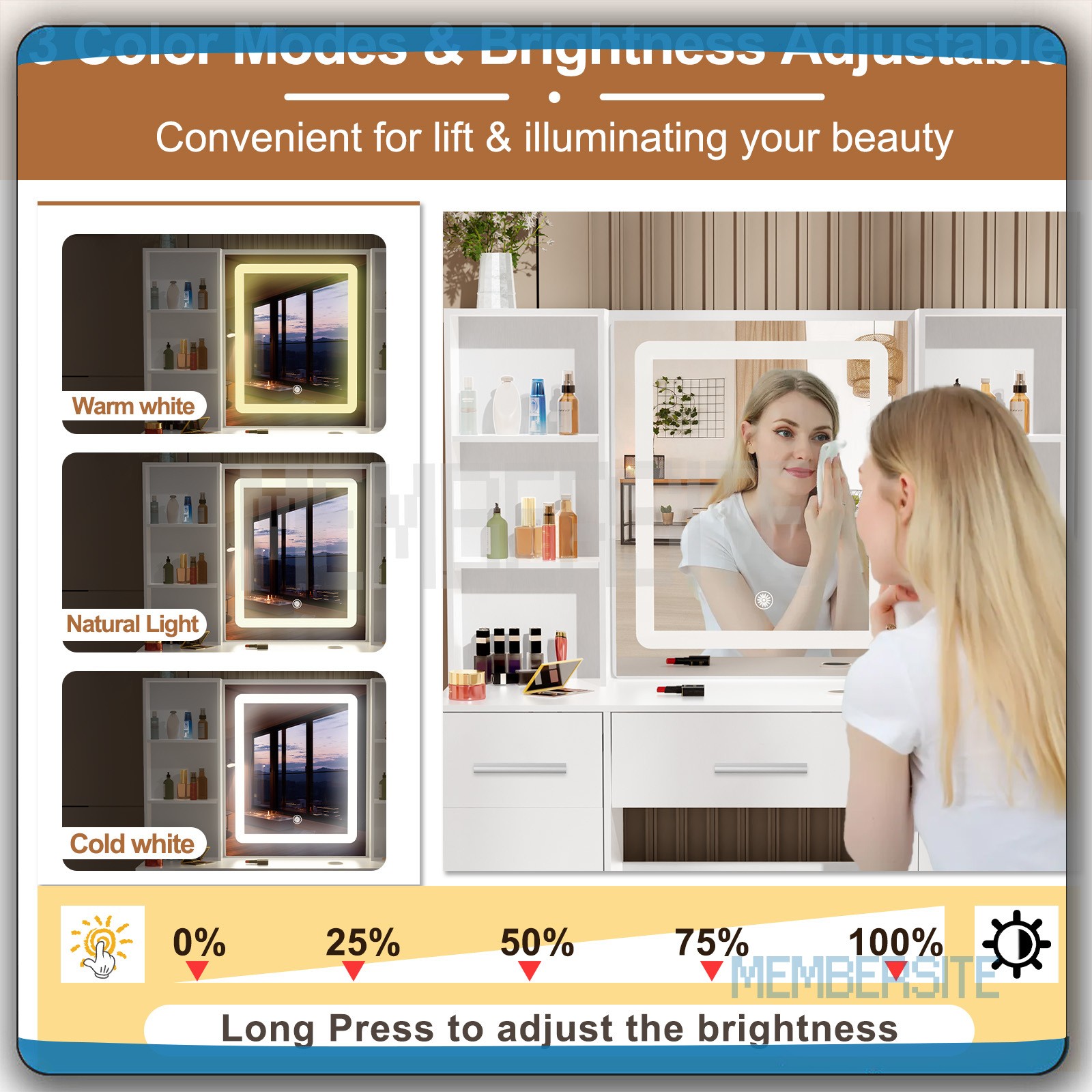Vanity Table with Smart LED Sliding Mirror Makeup Vanity w/ 7 Drawers 9 Shelves