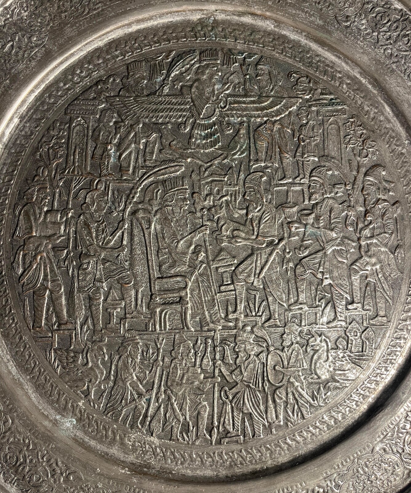 Late 19th Century Antique Middle Eastern Hand Engraved Copper Tray 16″ Diameter